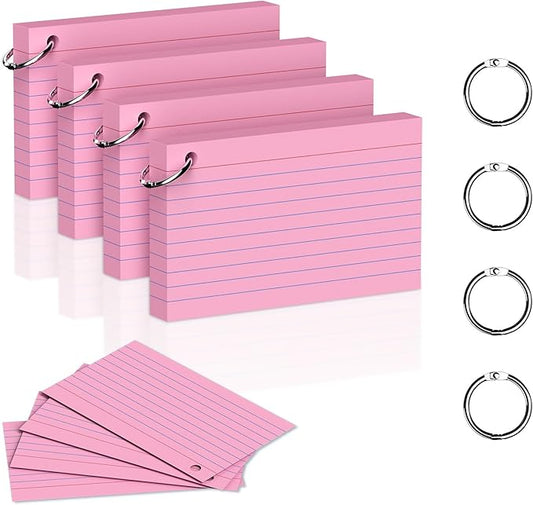 200 Count 3 x 5 Inch Pink Index Cards with Binder Rings, Lined & Blank Study Cards, Thick Cardstock Flash Cards for Students & Teachers, Color-Coded Notecards for School, Home, Work