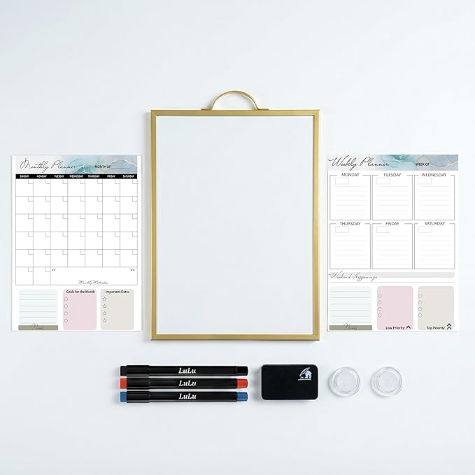 Magnetic Dry Erase Board 12x16 with Handle, Double Sided Portable Gold Whiteboard for Home, Office, School & Kitchen, Includes Weekly & Monthly Magnetic Planner Sheets