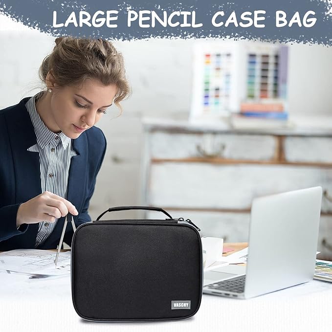 VASCHY Large Pencil Case, Art Color Pencils Pouch with Detachable Layers Multiple Zip Pockets for School Office Stationary Organization Black