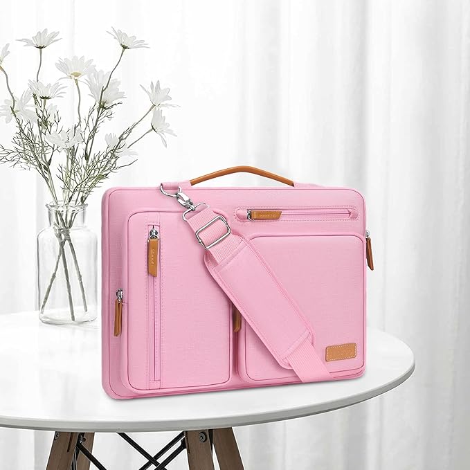 MOSISO 360 Protective Laptop Shoulder Bag,13-13.3 inch Computer Bag Compatible with MacBook Pro 14, HP, Dell, Lenovo, Asus Notebook,Side Open Messenger Bag with 4 Zipper Pockets&Handle, Pink