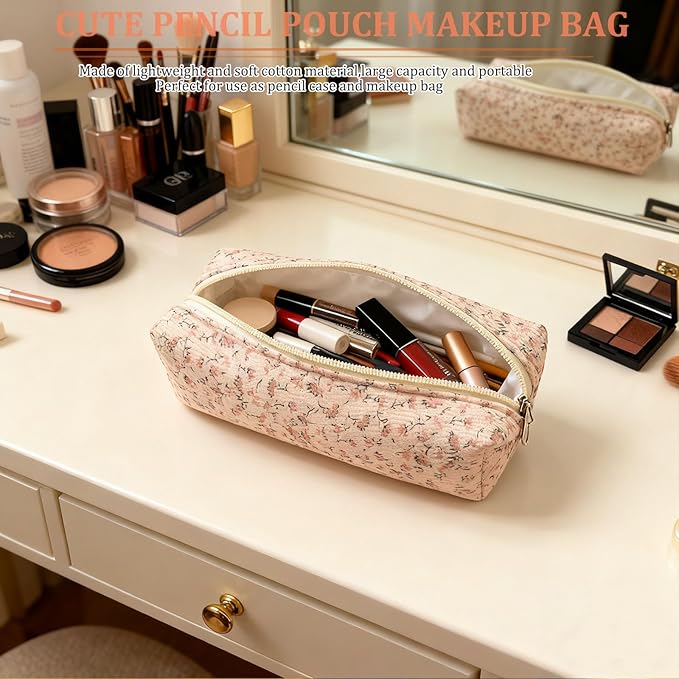 Pencil Pouch Cute Pencil Case Office Storage Bag Holder Box Organizer Aesthetic Bow Flower Pattern Makeup Pouch Cosmetic Bag for Women Girls