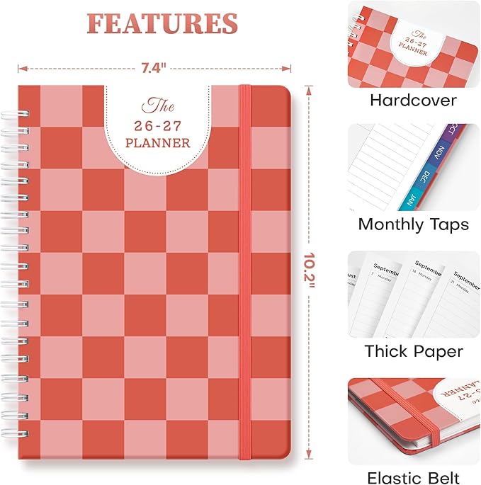 Planner 2026-2027 Monthly and Weekly Academic Planner July 2026 - June 2027, Hardcover Calendar 2026-2027 Agenda Daily Planner for Student Teacher School Office Supplies, 7.4" x 10.2", Pink Checkered