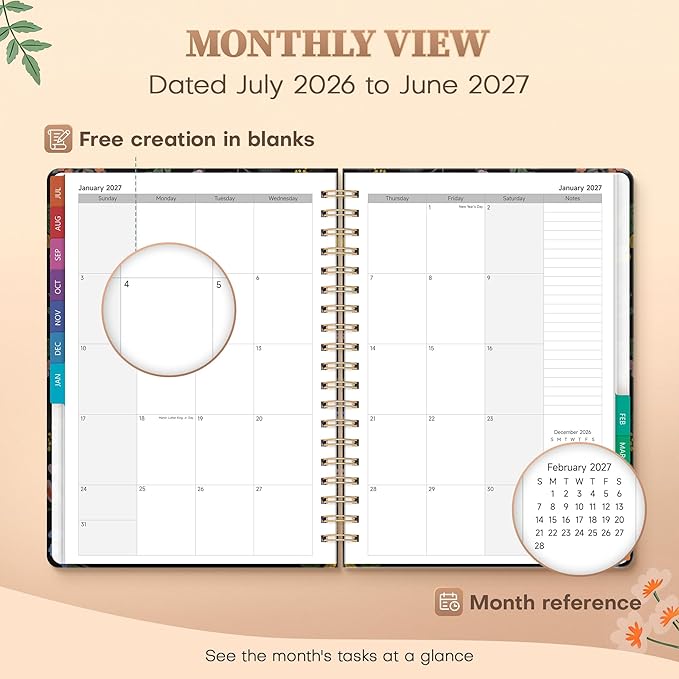 Planner 2026-2027 Monthly and Weekly Academic Planner July 2026 - June 2027, Hardcover Calendar 2026-2027 Agenda Daily Planner for Student Teacher School Office Supplies, 7.4" x 10.2", Vintage Floral
