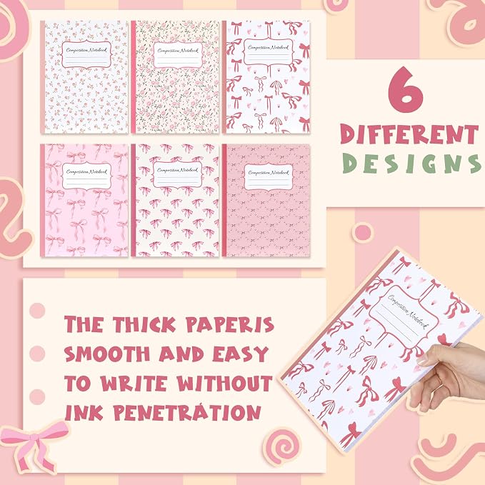Fullhawl 6 Pack Composition Notebook College Ruled Bulk Pink Bow Composition Notebook Preppy Aesthetic for Back to School Supplies 110 Pages 9-3/4 x 7-1/2" Cute Journal for First Day of School Office