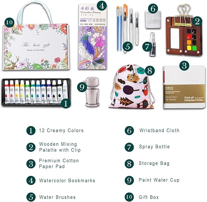 Mini Wooden Watercolor Paint Set - Pocket Travel Art Kit with 12 Colors, Portable Palette with Brushes, Clip, Sketchbook, Wristband, Cup, Storage Bag & Bookmarks, Gift for Art Lovers Artists