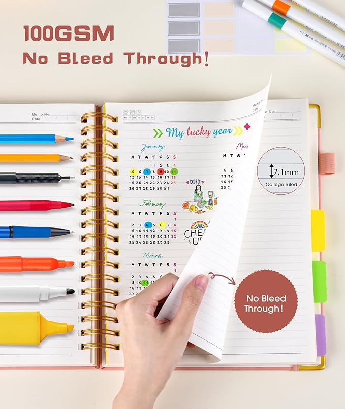 Hardcover Spiral Notebook journal with Removable Dividers Tabs, 300 Pages Leather 5 Subject Notebook College Ruled, 100GMS A5 Notebooks for Work School Note taking,Lined Journal for Women,A5-Pink