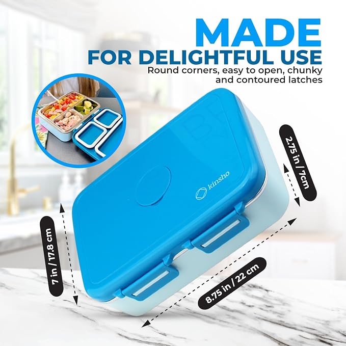 kinsho Stainless Steel Bento Box Lunch Container for Boys Kids, Blue | Heavy Duty, Removable Metal Tray with Silicone Seals, Reuseable Meal or Snack Container for School 790 mL