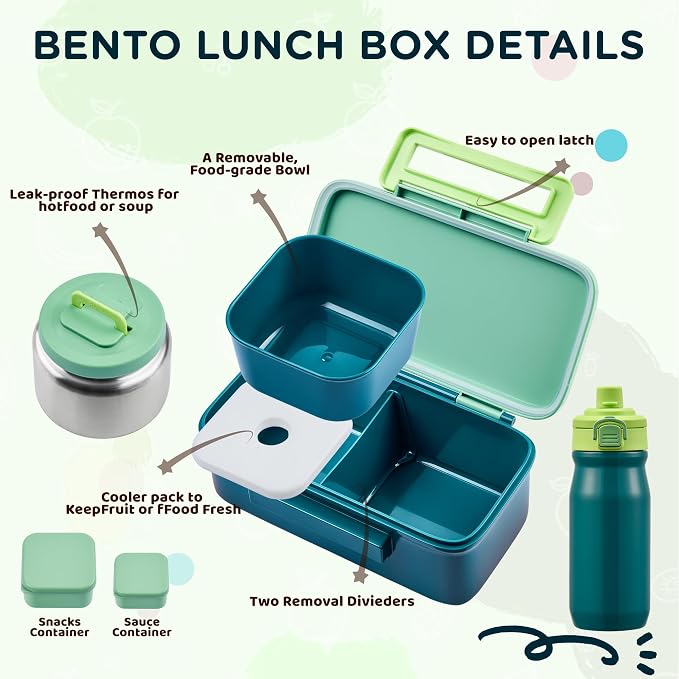 MAISON HUIS Bento Box for Kids with 8oz Soup Thermo, Insulated Lunch Bag & 17oz Water Bottle, 2-Compartment Bento Box with Built-In Ice Pack, Leak-Proof & BPA-Free (Green)