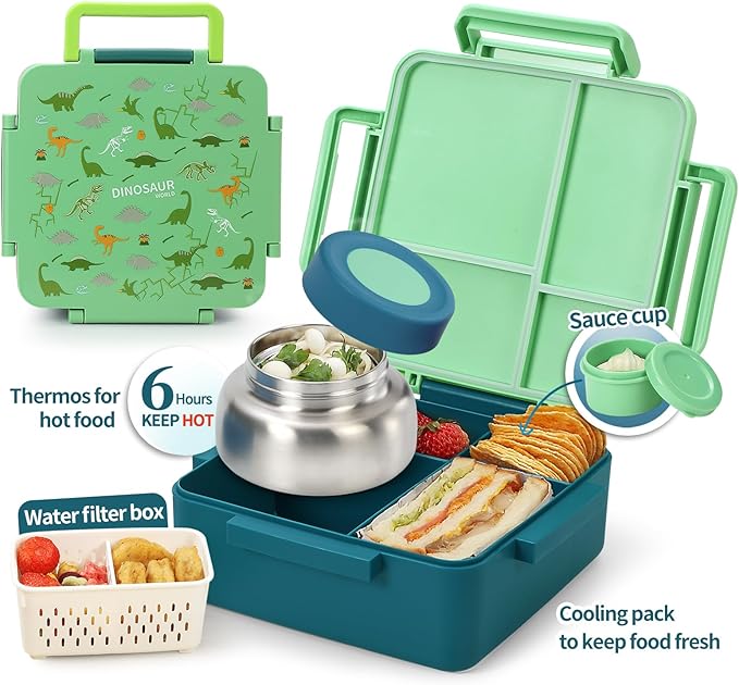 Bento Box for Kids with Thermos, [Large Capacity] Insulated Kids Lunch Box with 4 Compartment for Ages 3+, Drop-Proof & Dishwasher Safe Lunchbox Container Green