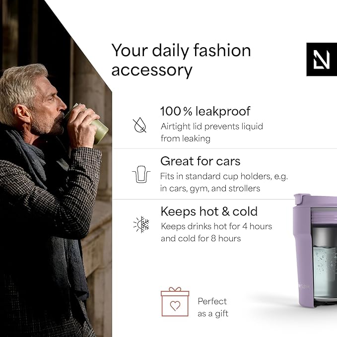 LARS NYSØM Thermo Coffee Mug to go 13oz | Travel Mug 0.38 Liter with Insulation | Leak Proof Stainless Steel Thermal Tumbler for Coffee and Tea on the Go (Lavender Purple, 12.9oz)
