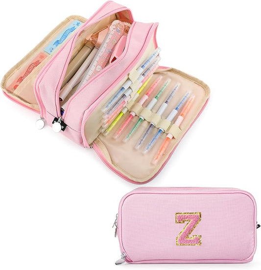 Extra Large Capacity Pencil Case 3 Compartment Initial Pencil Pouch Personalized Cute Aesthetic Stationery Pen Case Bag for School Teen Girl Boy Men Women Gift (Z, Pink)