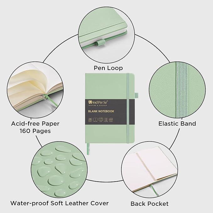 &And Per Se Blank Sketch Notebook, A5 Hardcover, 160 Pages 100gsm Thick Paper, Unlined Journal for Drawing, Doodling, Hand Lettering – Creative Gift for Artists, Designers, Writers (Light Green)