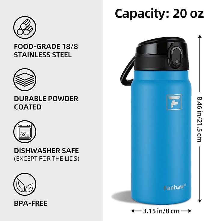Fanhaw 20 Oz Insulated Stainless Steel Water Bottle with Chug Lid – Wide Mouth, Leak-Proof, BPA-Free – Ideal for Kids, Adults, Sports, Gym, and Outdoor Use (Sky Blue)
