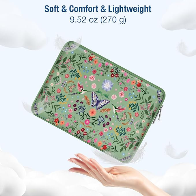 MOSISO Laptop Case 13.3 inch, 13-14 inch Laptop Sleeve Bag Compatible with MacBook Air/Pro 13/Pro 14, HP Dell ASUS Lenovo, Neoprene Hummingbird Plants Flowers Computer Bag with Small Case, Green