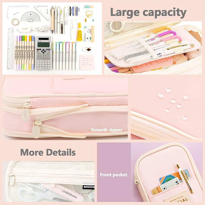 MAMUNU Expandable Pencil case with compartments, Large Capacity Pencil Cases Pencil Bag Pouch Office School, Portable Pencil Case Large School Stationery Organizer, Makeup Cosmetic Bag, Pink