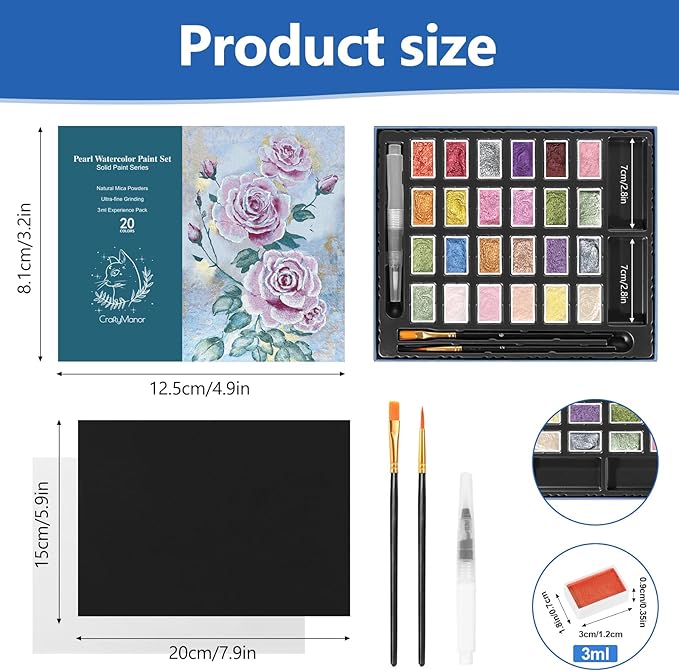 CraftyManor 3ml Glitter Watercolor Paint Set with Paper, 24 Colors Shimmer Metallic Watercolour Painting Sets, Solid Pearl Water Color Paints for Adult, Rococo Style (Rococo 24Colors-L)