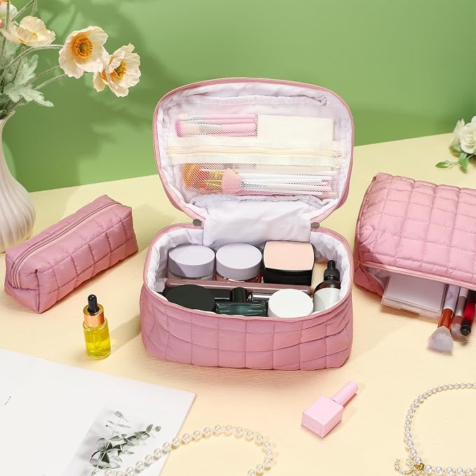 Huhumy 3 Pcs Large Puffy Makeup Bag Set Quilted Cosmetic Pouch for Women Cute Checkered Travel Toiletry Bag Puffer Makeup Organizer Purse Pouch Preppy Pencil Case with Zipper Valentine Gift(Pink)