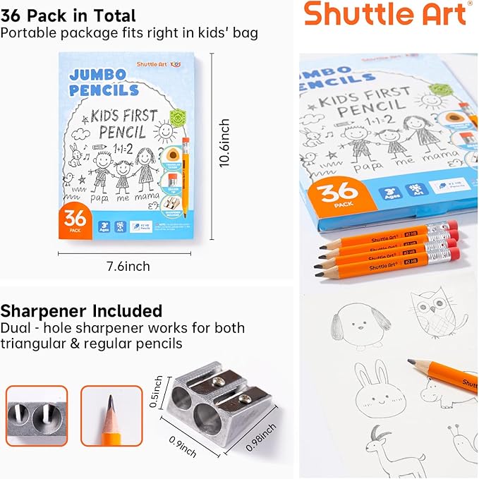 Shuttle Art Jumbo Pencils - 36 Pack Triangle Pre sharpened Pencils #2 HB with Top Erasers & Sharpener, for Kids Ages 4-6, Kindergarten School Supplies, Ideal for Home, Classroom