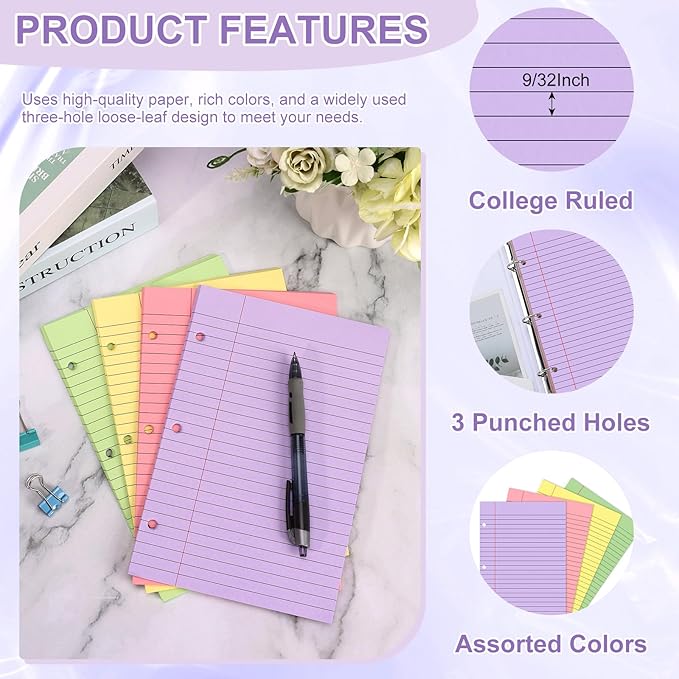 100 Sheets Mini Binder Loose Leaf Paper 5.5 x 8.5 Small Binder Filler Paper Lined College Ruled Paper for Mini 3 Ring Binder 3 Hole Punched Notebook Paper Pocket Folders for School Supplies (100)