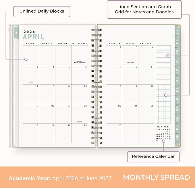 Blue Sky Brook Gossen 15 Month 2026-2027 Weekly and Monthly Academic Year Planner Calendar, April 2026 - June 2027, 5" x 8", Flexible Cover With Zip Pouch, Wirebound, Laminated Tabs, Storage Pocket, Green Check