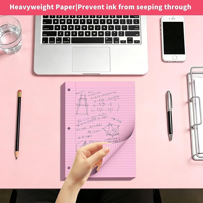 Pink Loose Leaf Paper 120 Sheets Pink Paper 8" x 10.5" College Ruled Notebook Paper Filler Paper 3-Hole Punched Lined Paper for 3-Ring Binders 8 x 10-1/2 Binder Paper for Home School Office Supplies