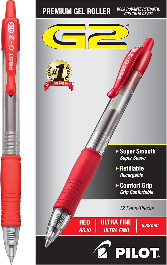 PILOT G2 Premium Gel Roller Pens, Ultra Fine Point 0.38 mm, Red Pens, Ideal for School, Journaling & Office Writing 12 Count (Pack of 12)