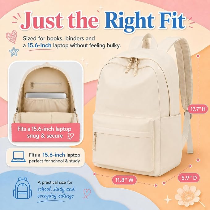 LOIDOU Backpack for Girls School Backpacks Bookbags for Elementary Middle School Women Laptop Backpacks (Pure Beige, L-17)