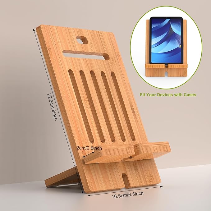 Pezin & Hulin Bamboo Tablet Stand Adjustable, Desktop Cell Phone Stand Holder Dock Compatible with Pad Air/Pro/Mini, E-Reader, Smartphone (Support to 4.7-13" Devices)-Bamboo