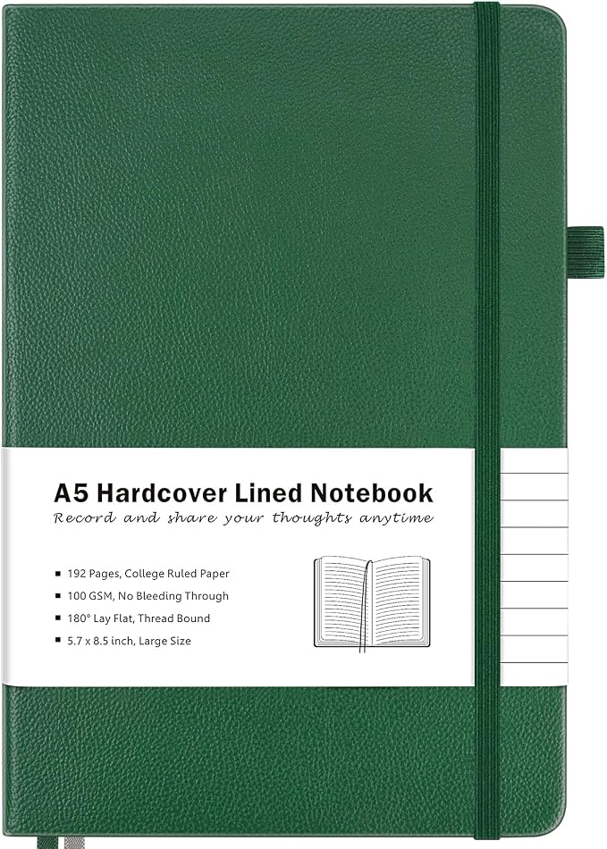 MALEDEN Notebook, A5 Hardcover Leather Notebook for Work, Notebook Journal for Women, Men, 192 Thick Paper, Large Notebook with Pockets, Professional Business Notebook (College Ruled, Green)