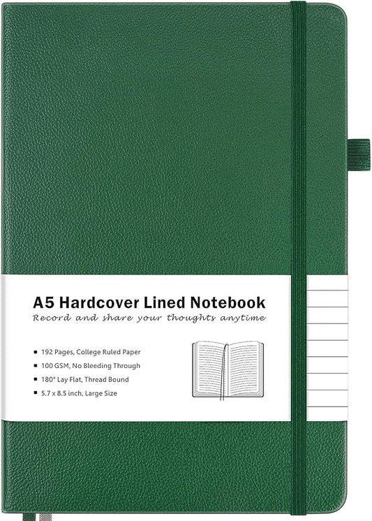 MALEDEN Notebook, A5 Hardcover Leather Notebook for Work, Notebook Journal for Women, Men, 192 Thick Paper, Large Notebook with Pockets, Professional Business Notebook (College Ruled, Green)