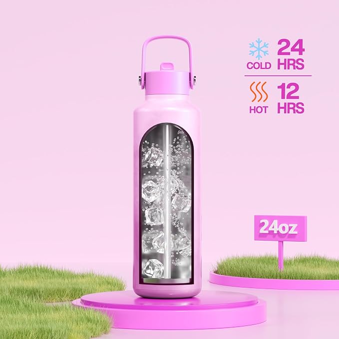 POWCAN 24 oz Slim Insulated Water Bottle: Leakproof, Lightweight, Cold for 24H, Double Walled Stainless Steel Water Bottle with Straw for Travel, Hiking, Biking, Sport, Outdoors (Cloudy Rose)
