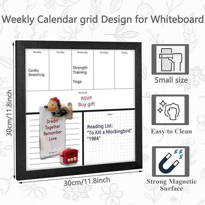 Umtiit Weekly Calendar Dry Erase Whiteboard 11.8 x 11.8 inch(30 x 30 cm), Black Wood Frame, Magnetic Surface Whiteboard for Planning/Schedule/School Timetable/Memo(ZLBB-3030BK,US)