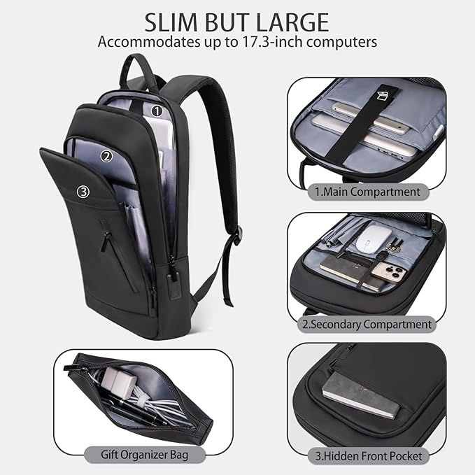 Business Backpack for Men Lightweight Commute Laptop Backpack Anti-Theft Water Resistant Backpack for 17.3 Inch Computer for Daily Office Work with Small Bag (Black,17.3")