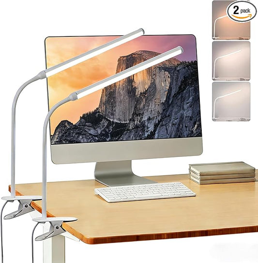 2 Pack LED Desk Lamp with Clamp, Desk Lamps for Home Office Three Colors Dimming, Computer Desk Monitor Light Bar Curved, Clip on Reading Accessories Lighting, Work from Home Essentials