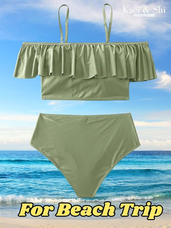 Kaei&Shi High Waisted Flounce Bikini Set,Tummy Control Swimsuits for Women,Off Shoulder