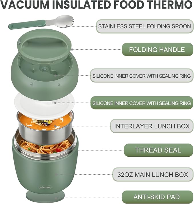 wiwens Thermo Food Jar for Hot Food Adults 32OZ Soup Thermo Lunch Containers Wide Mouth Vacuum Insulated Stainless Steel Leakproof Bento Box with Spoon