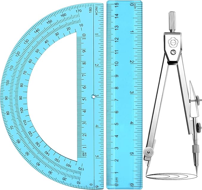 Zonon 3 Pcs Plastic Ruler 6 Inch Protractor Drawing Compass Set, Student Geometry Math Transparent Measuring Tools for Home School Classroom Office Supplies(6 Inch,Blue)