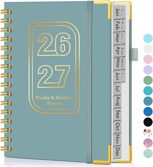 Planner 2026-2027, 18 Months Weekly and Monthly Hardcover Planner, January 2026 - June 2027, 5.75" x 8.38" A5 Daily Calendar Planner Book with Tabs, Spiral Yearly Agenda Organizer Notebook for School Work Home, Blue