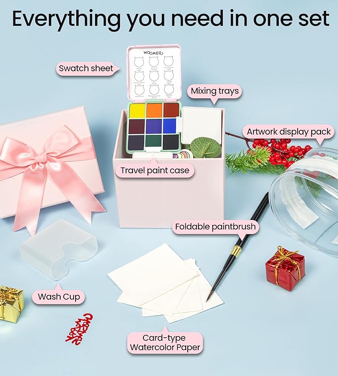 Woomer Travel Watercolor Paint Sets - 9 Pigment Colors, All-In-One Kits (Pouch, Brush, Cardstock), Bulk Watercolor Sets for Studios & Gifting