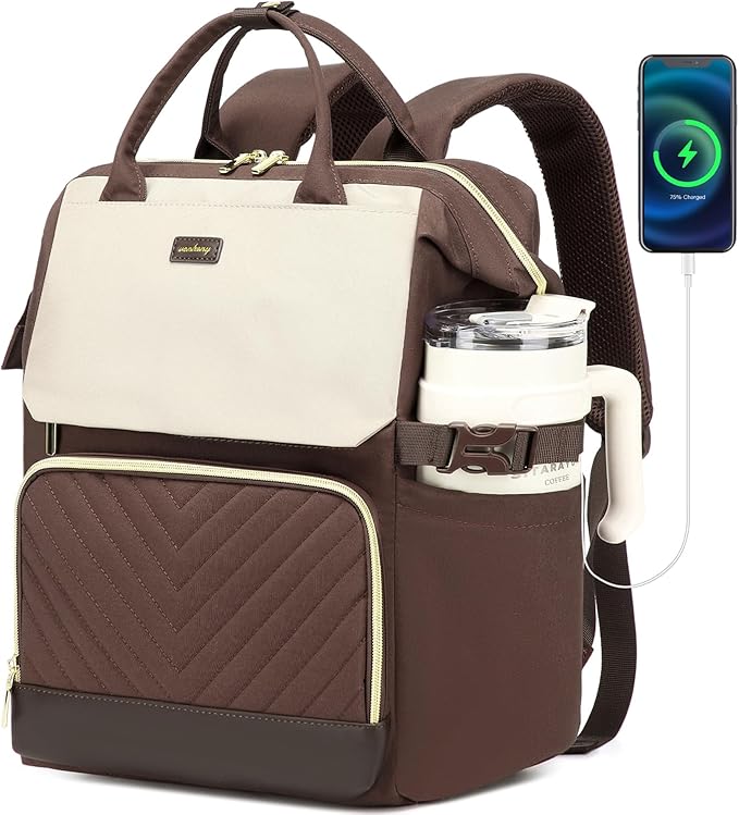 Computer Backpack for Women, Work Bag Laptop Bookbag with Cup Holder & USB Charger for Teacher Nurse College Travel Back Pack, Gifts, Nude Brown
