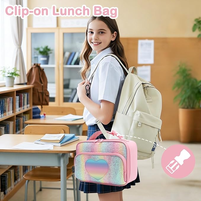 FlowFly Kids Lunch box Insulated Soft Bag Mini Cooler Back to School Thermal Meal Tote Kit for Girls, Boys,Glitter-RainBow