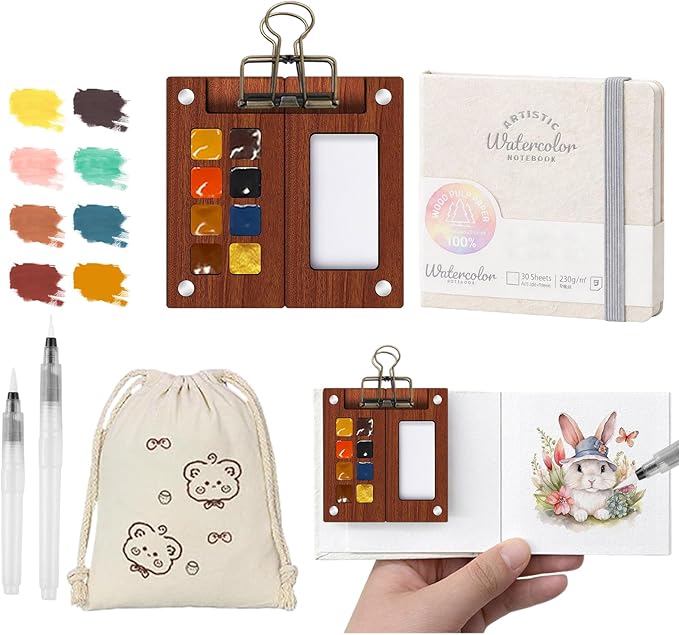 Mini Paint Palette Travel Kit - Mini Travel Watercolor Palette Set, Pocket Artist Water Color Travel Set with Colours, Watercolor Book, Clips, Pens,Wooden Paint Box for Painters Artists Student