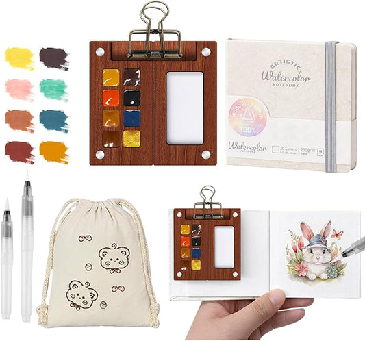 Mini Paint Palette Travel Kit - Mini Travel Watercolor Palette Set, Pocket Artist Water Color Travel Set with Colours, Watercolor Book, Clips, Pens,Wooden Paint Box for Painters Artists Student