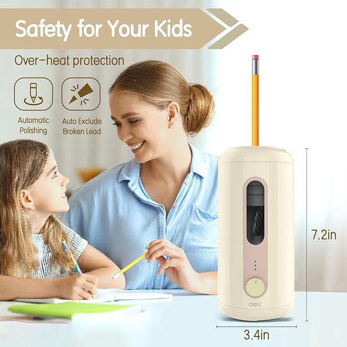 Electric Pencil Sharpener, Fully Automatic Pencil Sharpener for 6.9-10.8mm Colored/Jumbo Pencils, Auto in & Out, Rechargeable Hands-Free Sharpener for Classroom Home Office, Beige