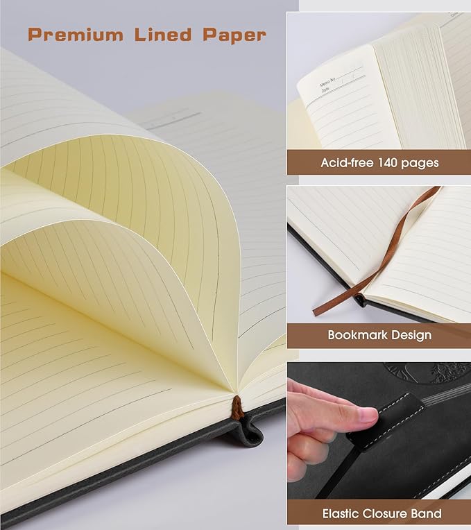 Biuwory Lined Pocket Journal Notebook for Women Men, 140 Pages A6 Leather Journals for Writing, Travel, Work, 3.7"×5.7" Mini Notebook, Hardcover Small Notebooks for Note Taking, Diary Notepad (Black)