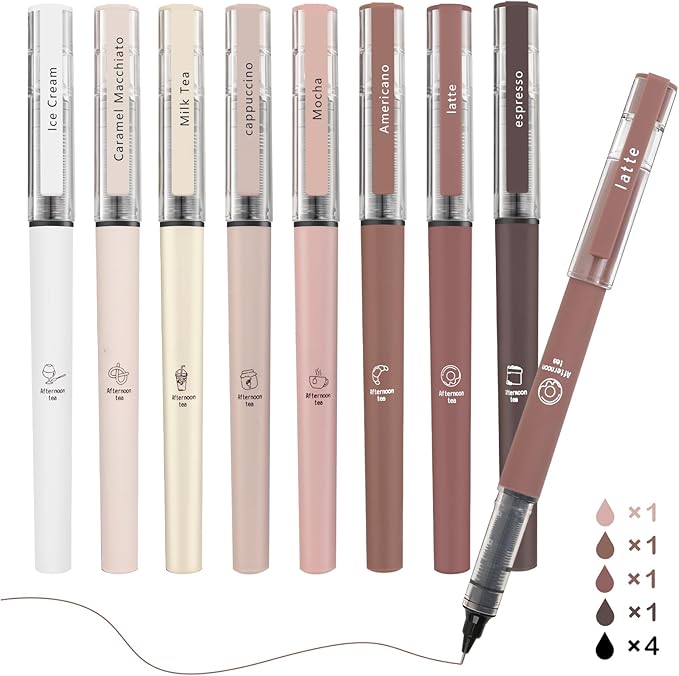 Aesthetic Cute Stick Rollerball Pens, Colored Ink Gel Pen, Quick Dry Colored Liquid Ink Pens, 0.5mm Fine Point Coffee Pens Soft Touch Smooth Writing for Journaling School Supplies (8 Pack)