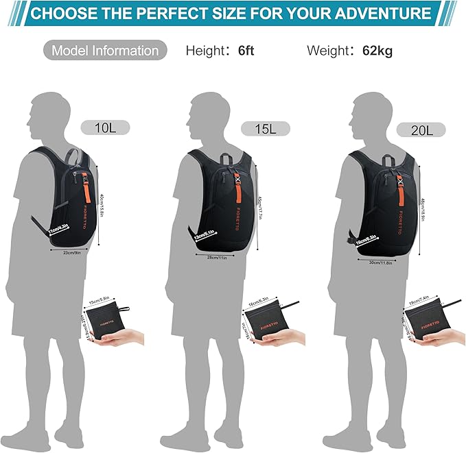 FIORETTO 10L/15L/20L Hiking Backpack for Women Men Mini Packable Backpack Lightweight Small Daypack for Travel Camping