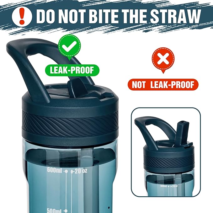 OLDLEY 20oz Kids Water Bottle with Straw, BPA-Free Tritan Water Bottle for School,Leakproof Clear Water Bottle with One Click Open, Measurement Scale,Cup Holder Friendly for Boys Girls,Midnight Blue