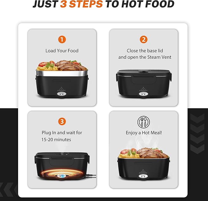 Heated Lunch Box,120W Electric Lunch Box for Adults with 1.5L 304 Stainless Steel Container, 12V/24V/110V Lonchera Eléctrica Portátil for Travel,Work,Car,Truck (Pure Black, 1.5L x 3)