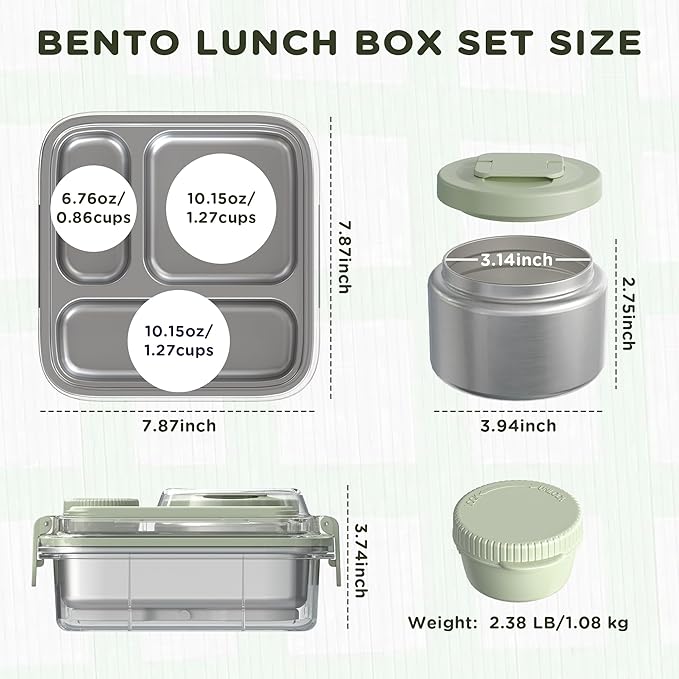 Stainless Steel Bento Lunch Box for Kids Adults with 8oz Insulated Food Jar, Leak-proof, Dishwasher-Safe, Transparent Lid with Sauce Cup and Cutlery Storage for School & Travel,BPA-Free(Green)